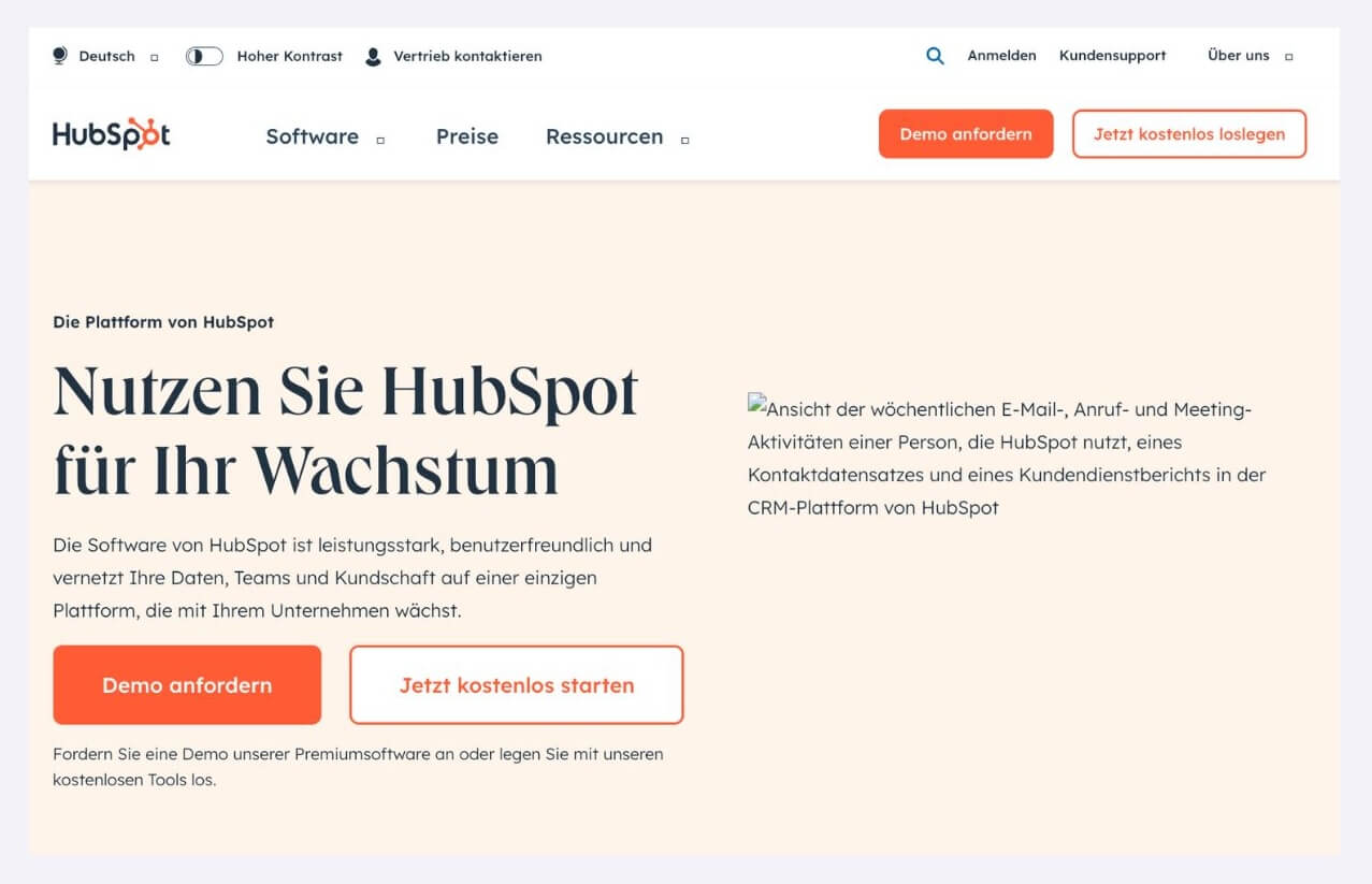 Screenshot der Startseite von HubSpot mit insgesamt 4 Buttons. 2x ist der Text "Demo anfordern", 1x Jetzt kostenlos loslegen" und 1x "Jetzt kostenlos starten". Hier gibt es also unnötige Wiederholungen.