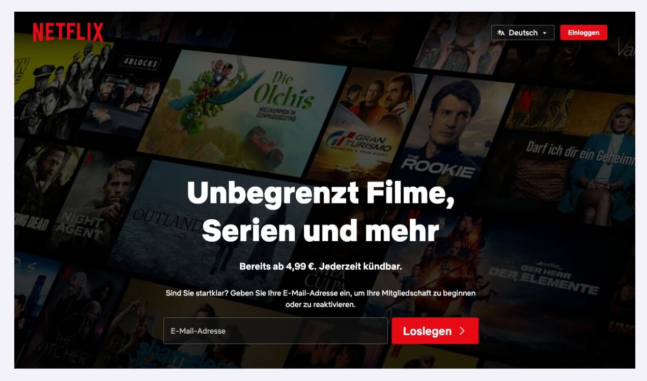 Screenshot der Startseite von Netflix mit 2 Buttons, 1x mit dem schlichten Text "Einloggen" und 1x mit dem Text "Loslegen".