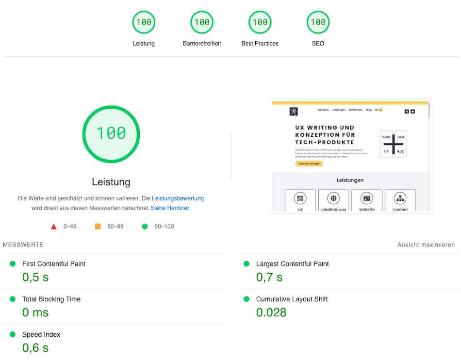 Die Ladezeit ist in PageSpeed Insights gemessen und zeigt optimale Ergebnisse.