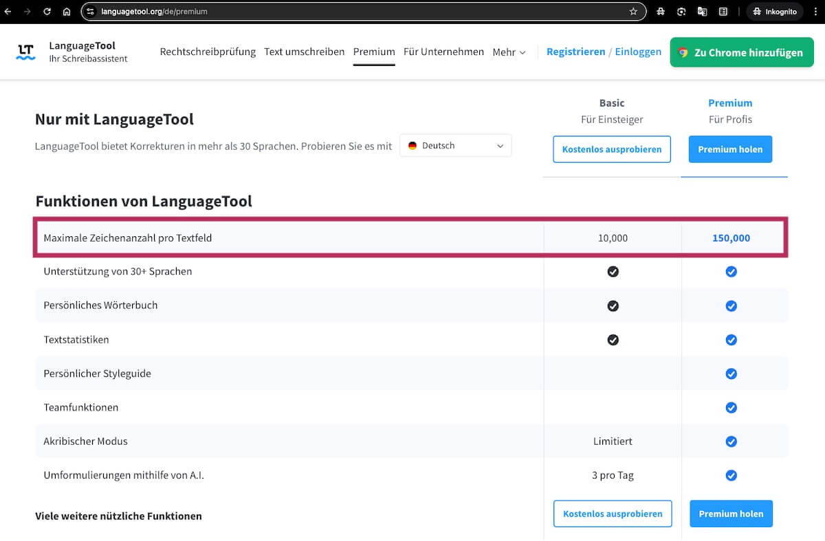 Zeichenbegrenzung languagetool